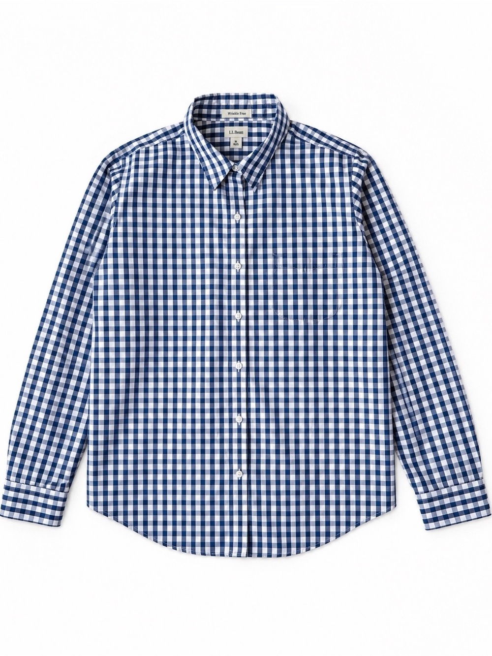 L. L. Bean Men Blue Gingham Wrinkle Free Cotton Button Down Shirt LARGE Classic